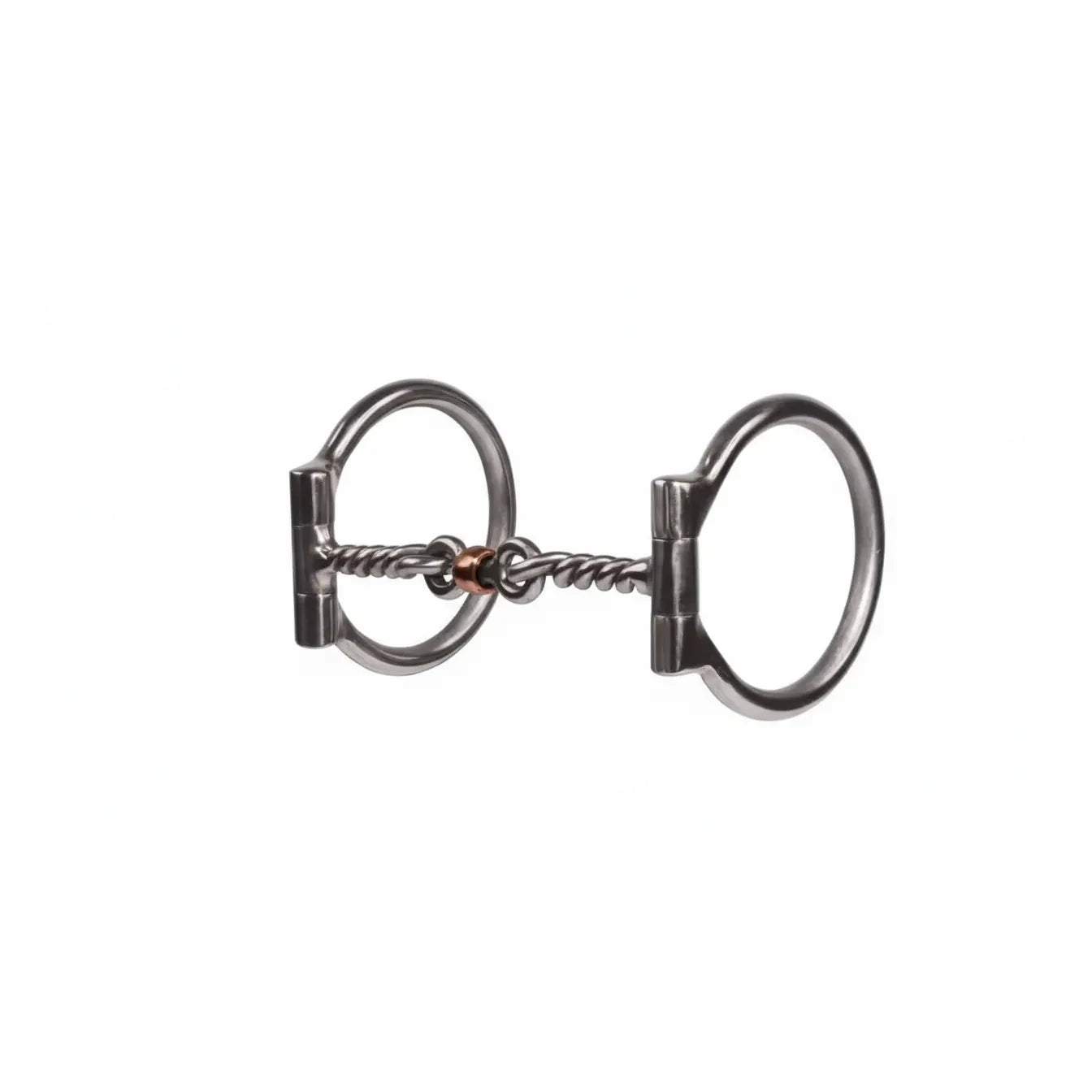 Professional's Choice Equisential 5 1/4" Twisted Dogbone D-Ring Bit featuring a sweet iron twisted wire mouthpiece and central copper roller. This high-quality western horse bit provides precise control and encourages salivation for better responsiveness. Ideal equestrian tack for training or performance, featuring a durable three-piece jointed design and classic D-ring cheeks.