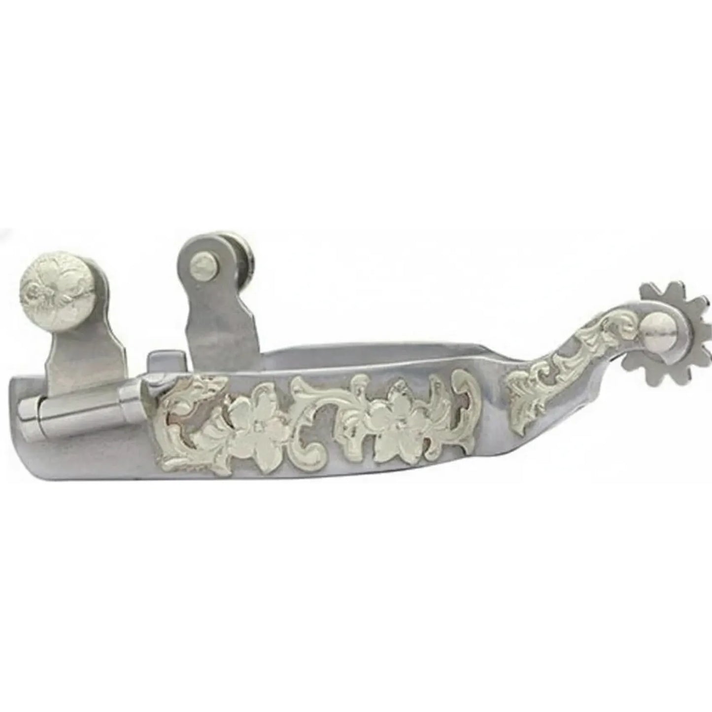 Professional's Choice Floral Shank Spurs featuring intricate silver engraved floral patterns on the heel band and curved shank. These high-quality Western spurs include a 10-point rowel, a 1 3/4" shank, and a 2 1/2" boot width. Perfect equestrian gear for Western riding, horse shows, or rodeo competitions. Elegant and durable silver horse spurs designed for professional performance and style in the saddle.