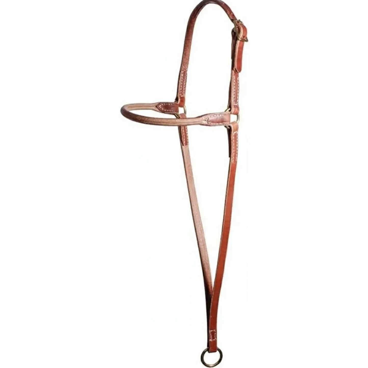 Professional's Choice Leather War Bonnet crafted from premium brown harness leather with solid brass hardware. This durable horse training tool features a rounded nosepiece, adjustable crown strap with a brass buckle, and reinforced stitching for long-lasting performance. High-quality western equestrian tack designed for head control and training. Style 8018HL.