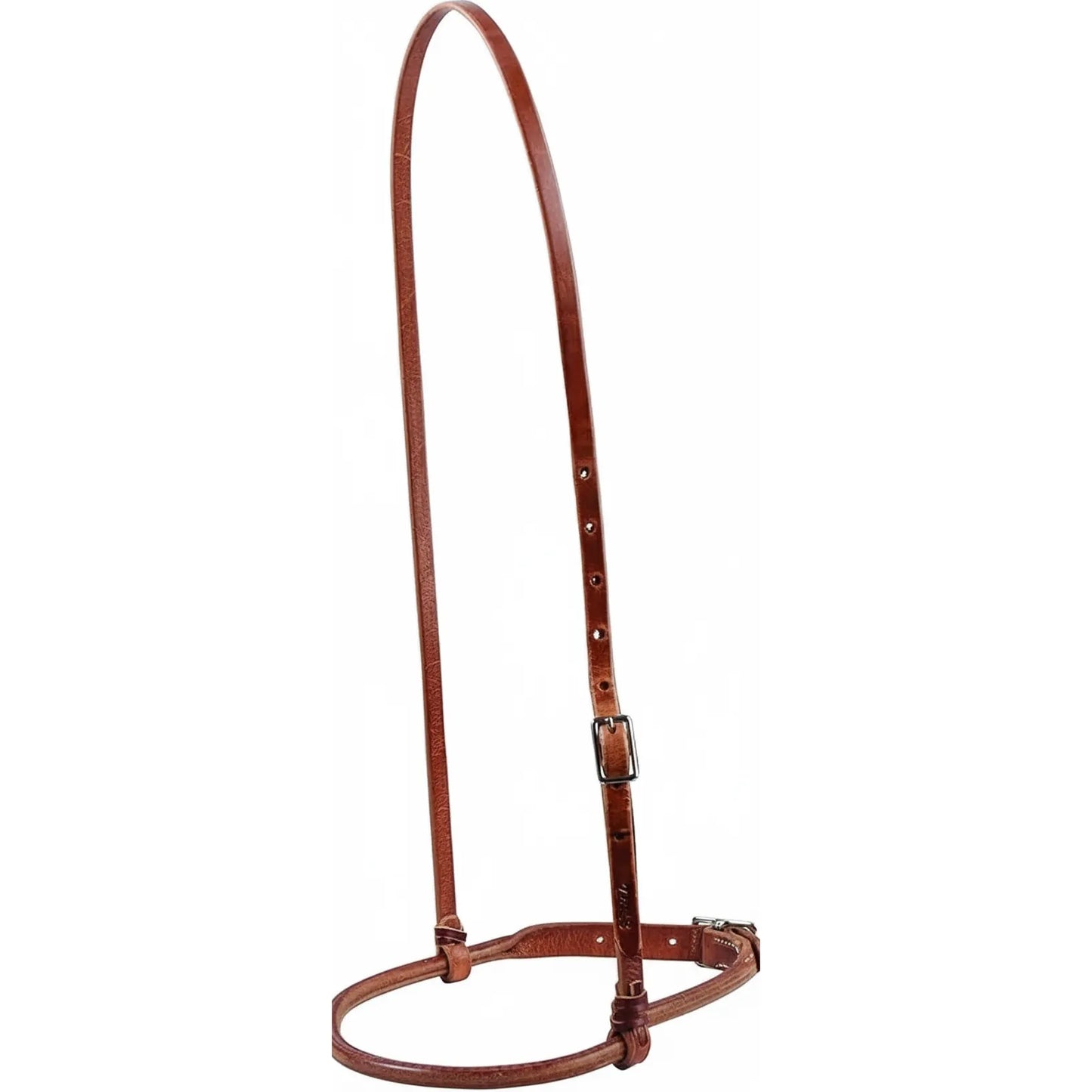 Professional's Choice Round Nose Adjustable Caveson in rich brown Hermann Oak Leather. Features a 1/2-inch adjustable headstrap and a smooth round leather noseband with polished nickel hardware. This durable equestrian tack is designed for functional control and a classic look, making it an essential piece of horse equipment for training and competition.