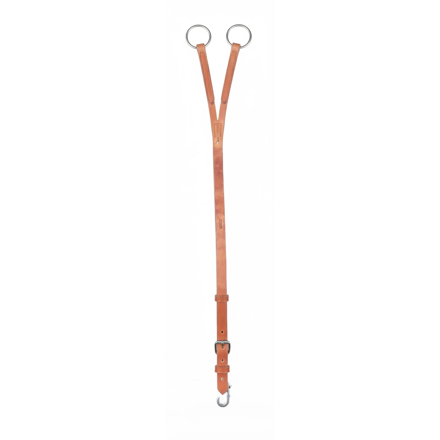 Professional's Choice Schutz Long Training Fork in durable harness leather. This Y-shaped horse training equipment features large stainless steel rings for smooth rein movement and an adjustable strap with a heavy-duty buckle and snap hook for secure girth attachment. A high-quality western training tool designed for refining head carriage and control. Ideal for professional horse trainers and riders looking for reliable performance leather tack.