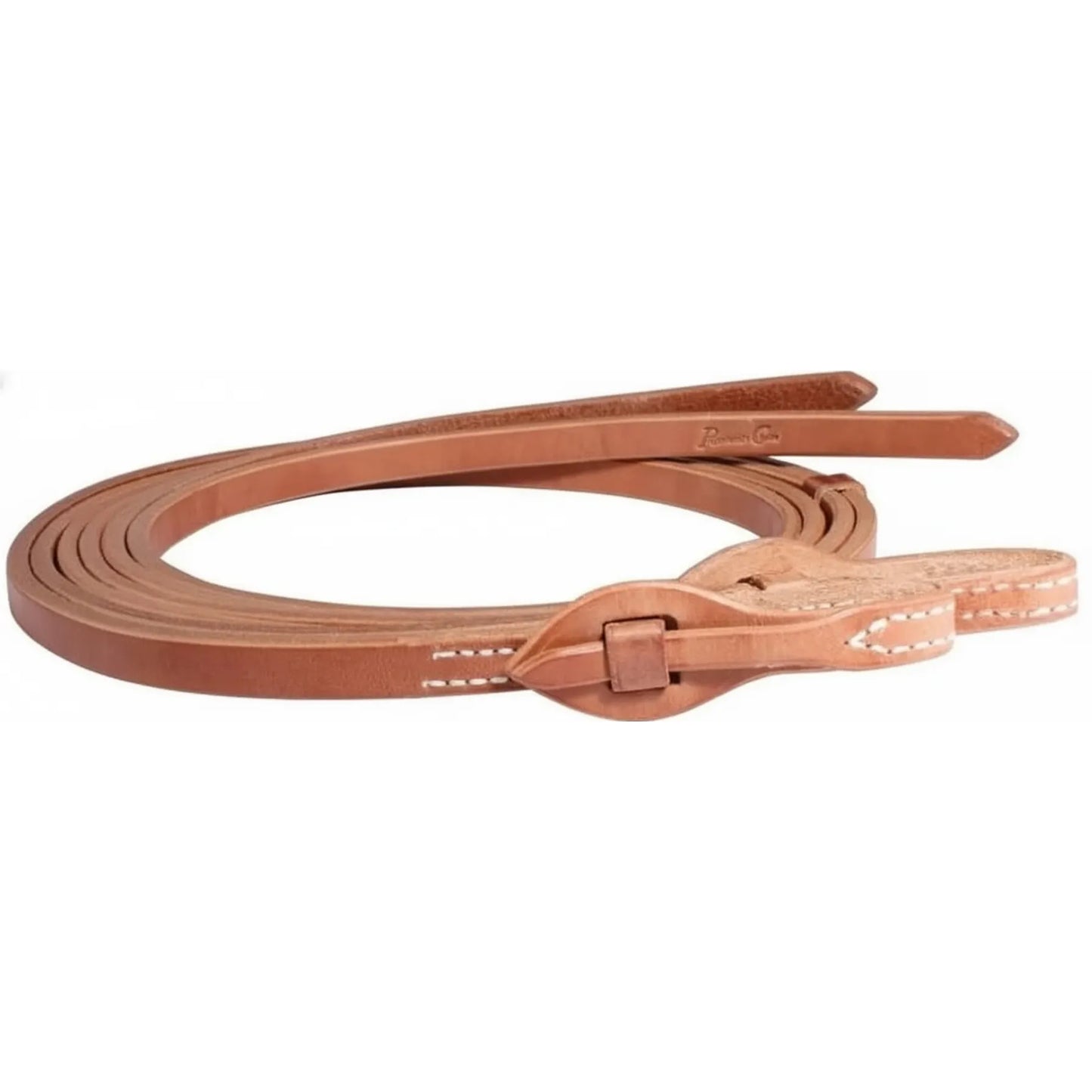 Professional's Choice Schutz Quick Change Hermann Oak Leather Harness Split Reins, 5/8" x 7ft. These premium light brown leather western horse reins feature a convenient quick-change bit attachment with white decorative stitching and tapered ends. High-quality, durable tack for performance or trail riding, designed with a soft, broken-in feel for professional equestrians.