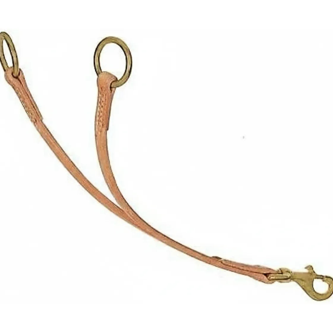 Professional's Choice Short Leather Training Fork crafted from premium tan Hermann Oak Harness Leather. This durable horse training aid features high-quality brass rings and a heavy-duty swivel snap hook with reinforced stitching for long-lasting performance. A top-tier choice for professional equestrians and trainers seeking high-quality western tack and precision training equipment.