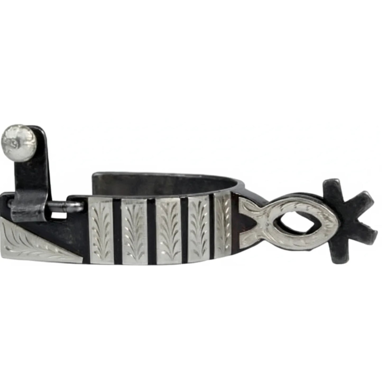 Professional's Choice Silver Bar Spurs featuring a 1" blued steel band with intricate engraved silver vertical bar overlays and wheat patterns. These premium western spurs showcase a 2 1/4" Chihuahua shank and a classic 6-point rowel. Designed for performance and style, they include swinging buttons for easy strap attachment. A perfect choice for horsemen looking for functional, decorative silver spurs for ranching or horse shows.
