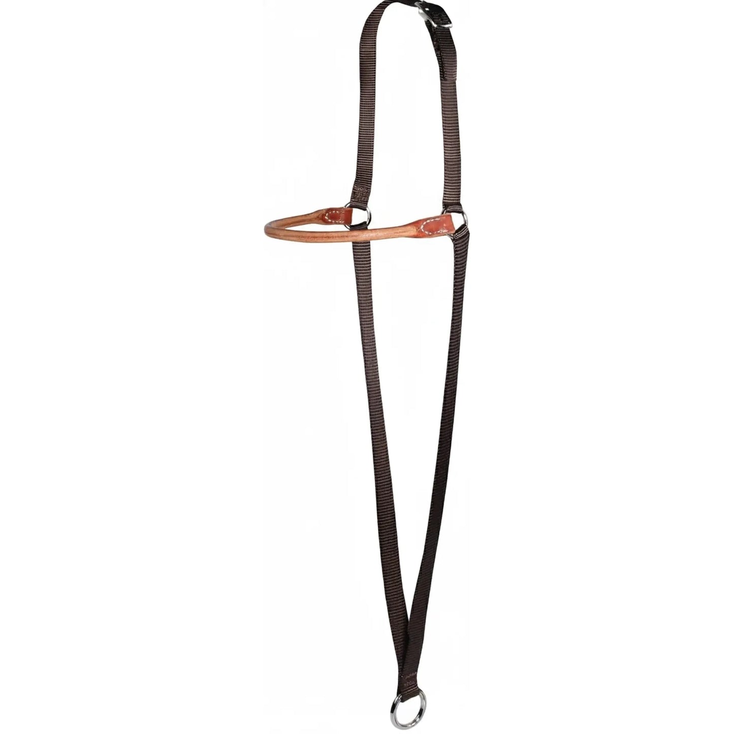Professional's Choice War Bonnet horse training aid, crafted with a light tan harness leather noseband and heavy-duty brown nylon webbing. This horse-size equestrian gear features durable white stitching, silver metal rings, and an adjustable buckle strap for a secure fit. Designed for western training and performance, this tool helps refine responsiveness and head carriage during schooling or daily exercise.