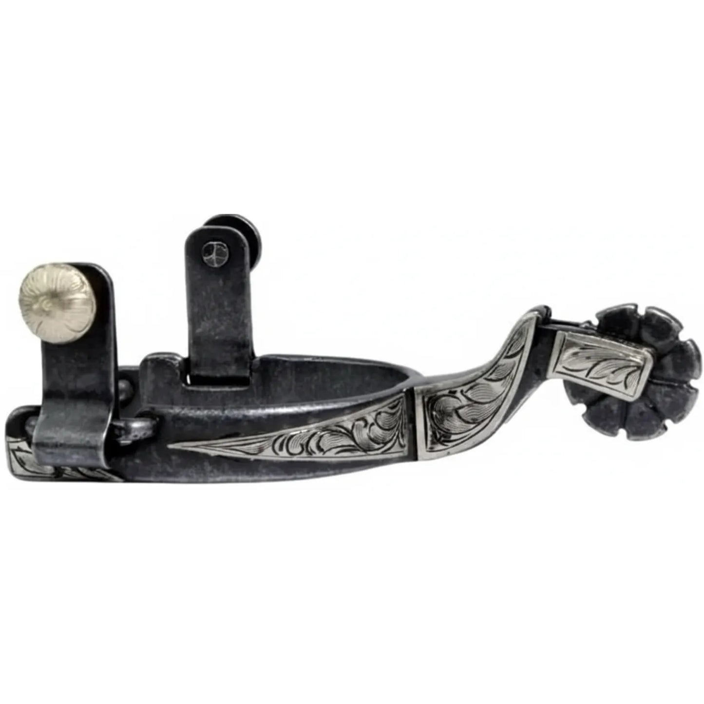 Professional's Choice Western Spurs featuring elegant silver floral engravings on a dark antique steel 1/2-inch band. This high-quality equestrian tack showcases an ornate upswept shank and an 8-point scalloped rowel. Designed for a 2 1/2-inch boot width, these decorative spurs offer a blend of professional durability and traditional Western style, perfect for horse shows, ranch work, and competitive riding.