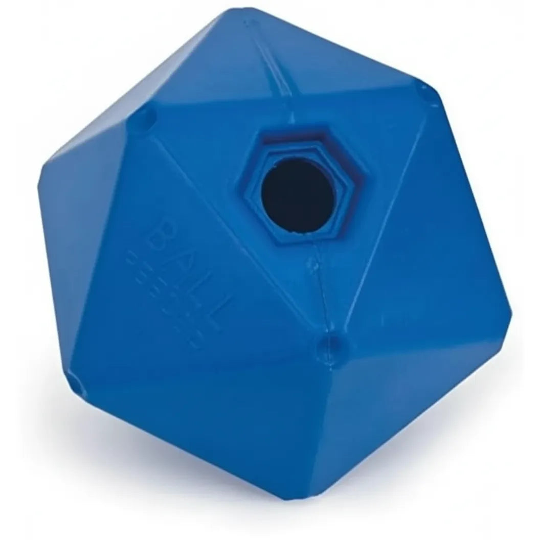 Shires 9-inch Ball Feeder Toy in bright blue, a 12-sided polyhedral slow feed enrichment tool for horses on stall rest. This durable plastic horse toy features a central hole for treats or grain, promoting mental stimulation and preventing boredom in the stable. Its unique geometric shape ensures unpredictable rolling to keep horses engaged, making it an essential equestrian accessory for healthy, slow feeding and boredom busting.