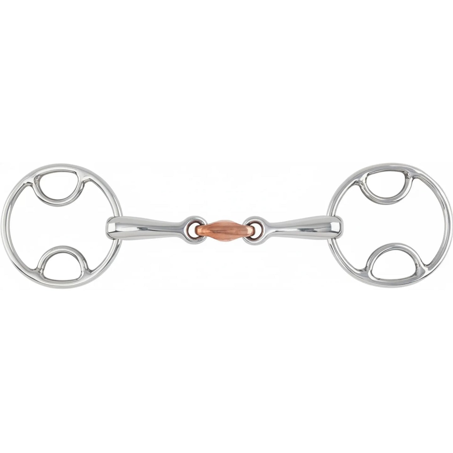 Shires Bevel Bit with Copper Lozenge, a professional-grade stainless steel double-jointed horse bit. This elegant bit features a warm copper center lozenge designed to encourage salivation and bit acceptance. The bevel ring style provides mild leverage, offering refined control and responsiveness for equestrian training. A durable, high-polish piece of horse tack perfect for riders seeking a gentle yet effective communication tool with their horse.