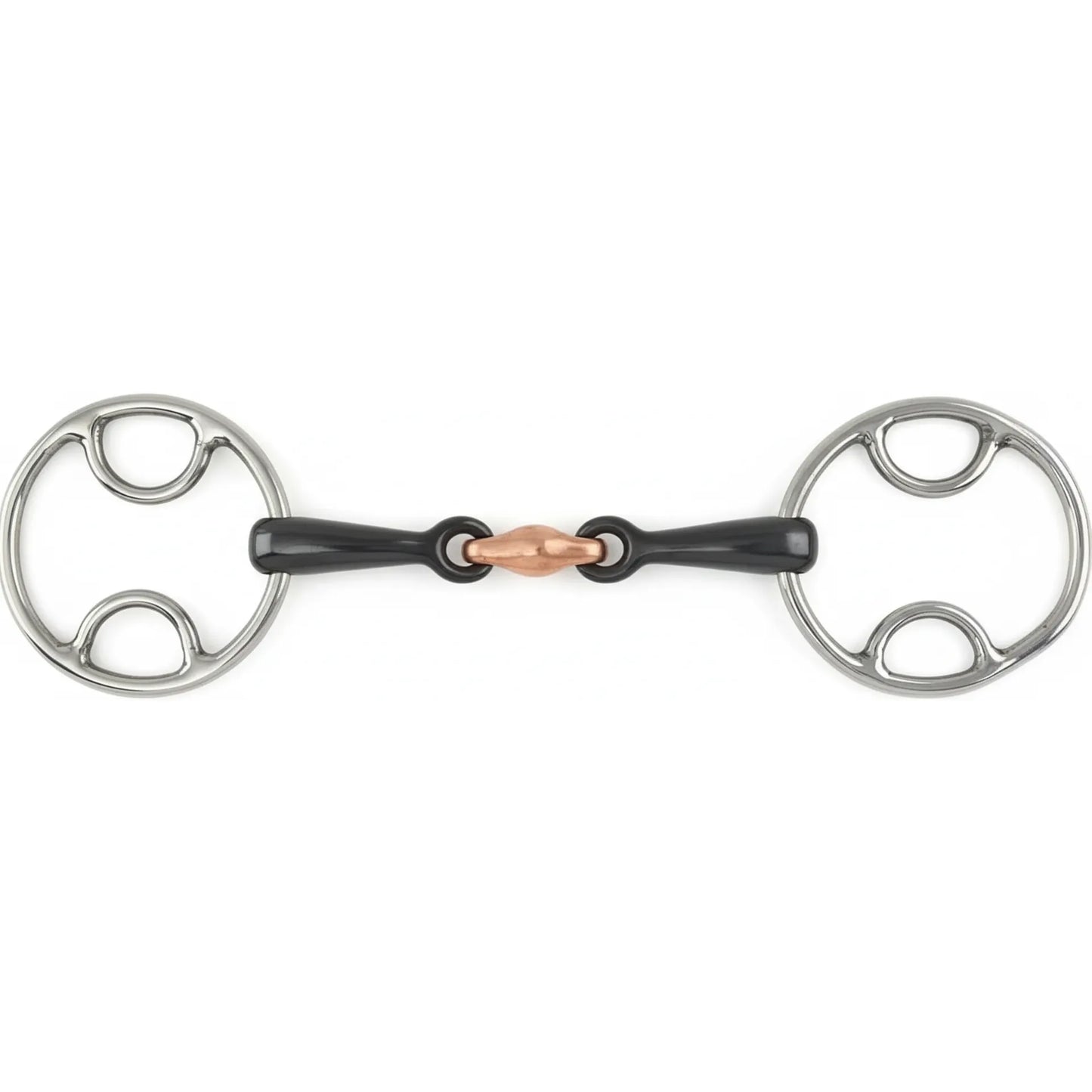 Shires Black Sweet Iron Bevel Bit featuring a double-jointed mouthpiece with a central copper lozenge to encourage salivation and a soft mouth. The bit includes durable stainless steel bevel rings with inner loops for varied rein and bridle attachment, providing mild leverage. A high-quality piece of equestrian tack designed for precise communication and control, perfect for riders seeking a balanced sweet iron and copper horse bit.