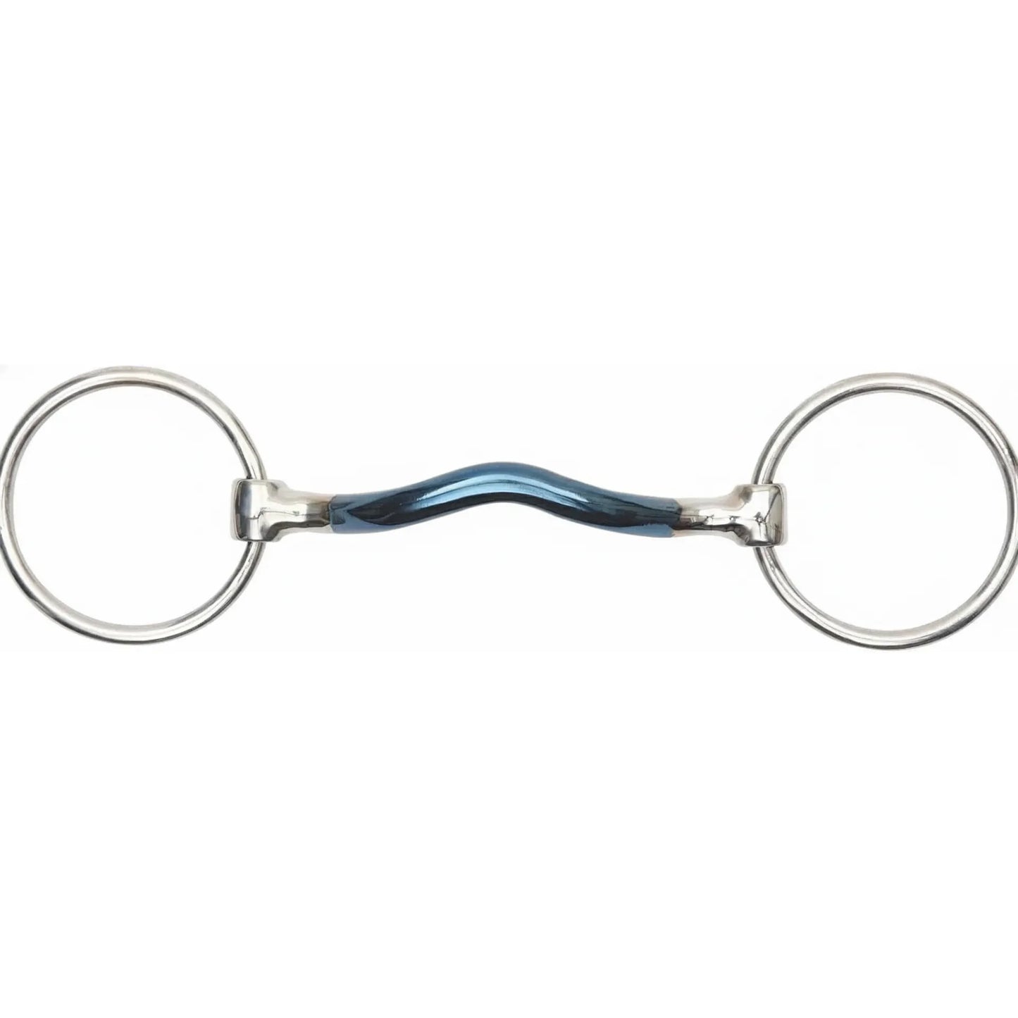 Shires Blue Alloy Loose Ring Mullen Mouth Horse Bit featuring a dark blue sweet iron medium port mouthpiece and polished stainless steel loose rings. This equestrian tack piece is designed to encourage salivation and relaxation. The mullen mouth with a medium port provides tongue relief, making it an ideal horse bit for sensitive mouths. A premium choice for dressage, training, or everyday riding.