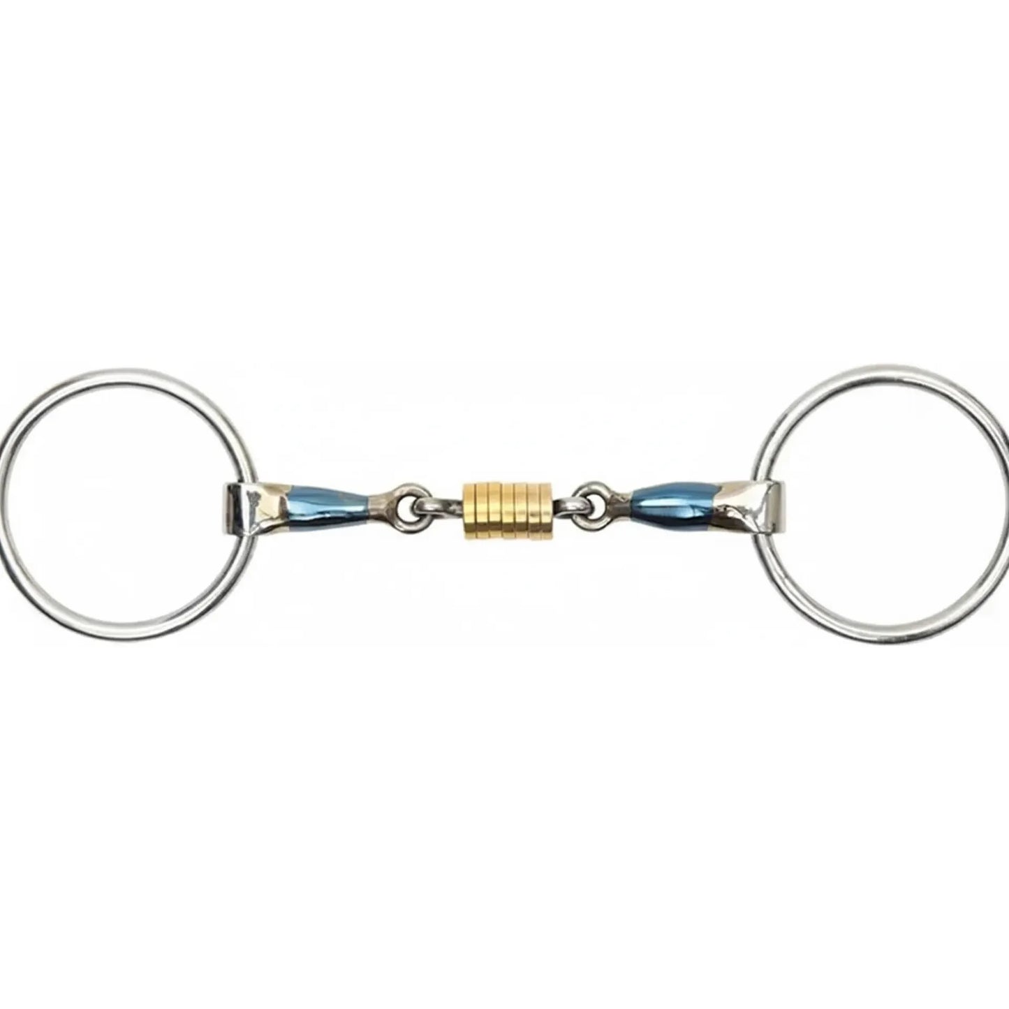 Shires Blue Sweet Iron Loose Ring with Roller Mullen Mouth Bit featuring a striking blue sweet iron mouthpiece and brass alloy rollers. This medium port bit with stainless steel loose rings encourages salivation and relaxation. Premium horse tack designed for clear communication and mouth comfort, making it a stylish and functional addition to any equestrian's collection. Ideal for schooling and training across various English riding disciplines.