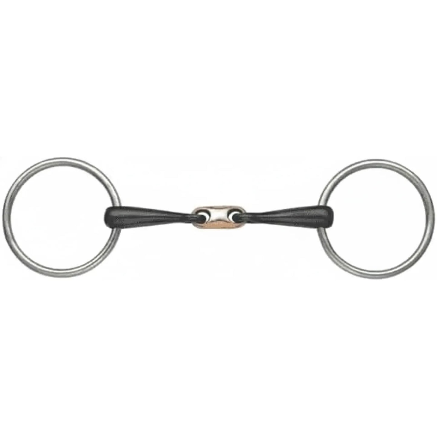 Shires Copper Lozenge Sweet Iron Snaffle Bit featuring a double-jointed 12mm mouthpiece and 65mm loose rings. The dark sweet iron mouthpiece oxidizes to encourage salivation, paired with a warm copper lozenge for gentle tongue pressure. This responsive horse bit has high-quality stainless steel rings, offering clear communication and comfort. Essential equestrian horse tack for training and flatwork.