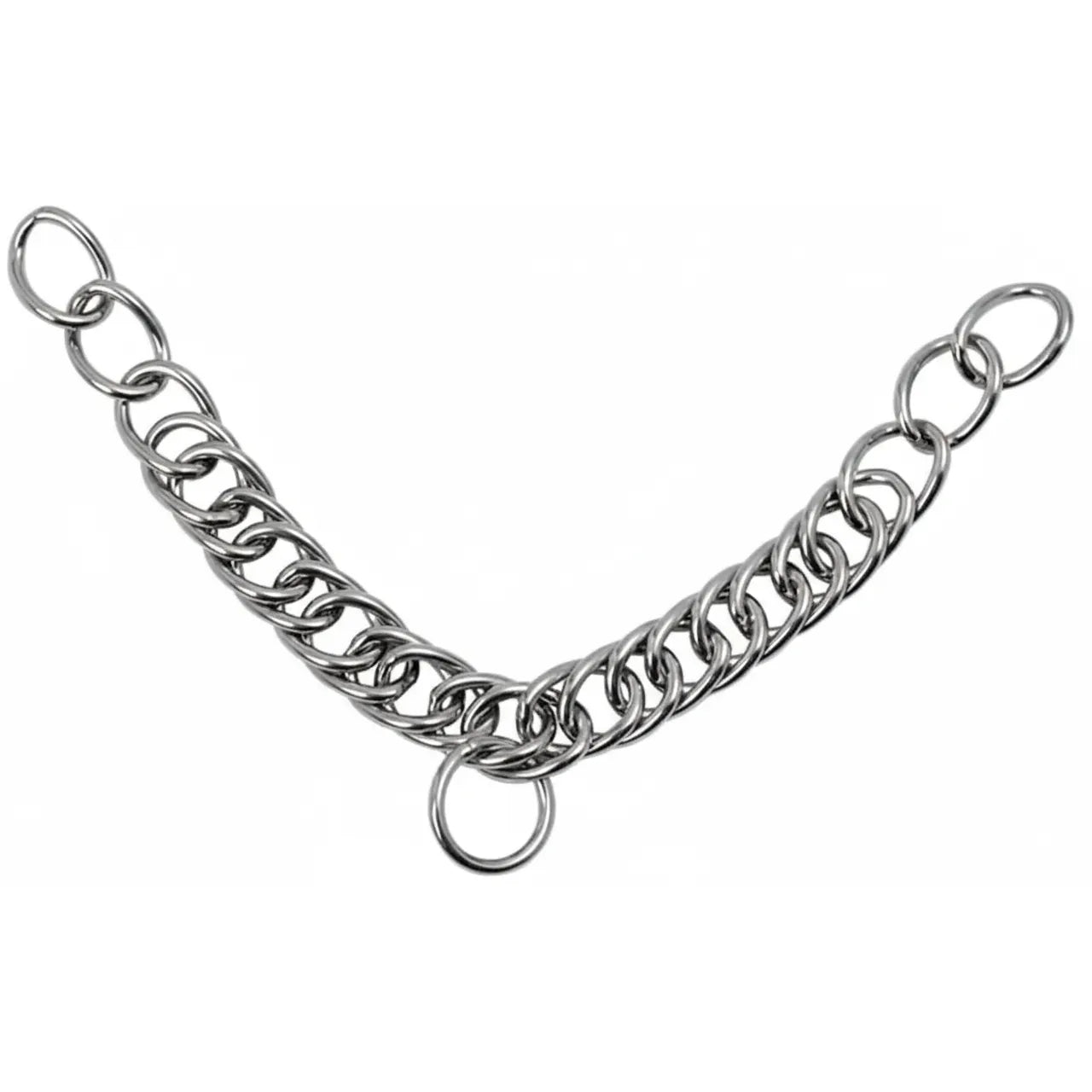 Shires Double Link Curb Chain crafted from polished stainless steel. This essential horse bit accessory features a double-link construction for a smoother, flatter fit under the horse's chin, reducing pressure points. Includes a central ring for lip strap attachment. High-quality silver equestrian hardware suitable for cob and full-size horses, perfect for dressage, show jumping, or daily riding tack sets. Durable, rust-resistant, and professional-grade equestrian gear.