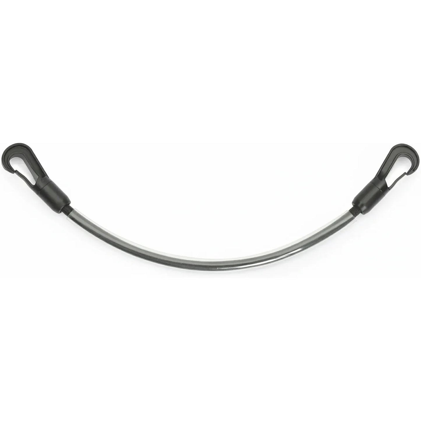 Shires Elastic Tail Strap #1323, a durable horse blanket accessory featuring a flexible black elastic cord with a clear protective sleeve. Equipped with two sturdy black plastic snap clips at each end for easy attachment. This adjustable equestrian gear is designed to keep horse rugs and sheets securely and comfortably in place. Sold in pairs, it is an essential replacement part for horse owners looking for high-quality, reliable blanket hardware.