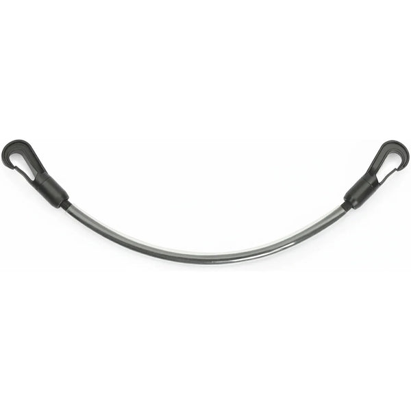 Shires Elastic Tail Strap #1323, a durable horse blanket accessory featuring a flexible black elastic cord with a clear protective sleeve. Equipped with two sturdy black plastic snap clips at each end for easy attachment. This adjustable equestrian gear is designed to keep horse rugs and sheets securely and comfortably in place. Sold in pairs, it is an essential replacement part for horse owners looking for high-quality, reliable blanket hardware.