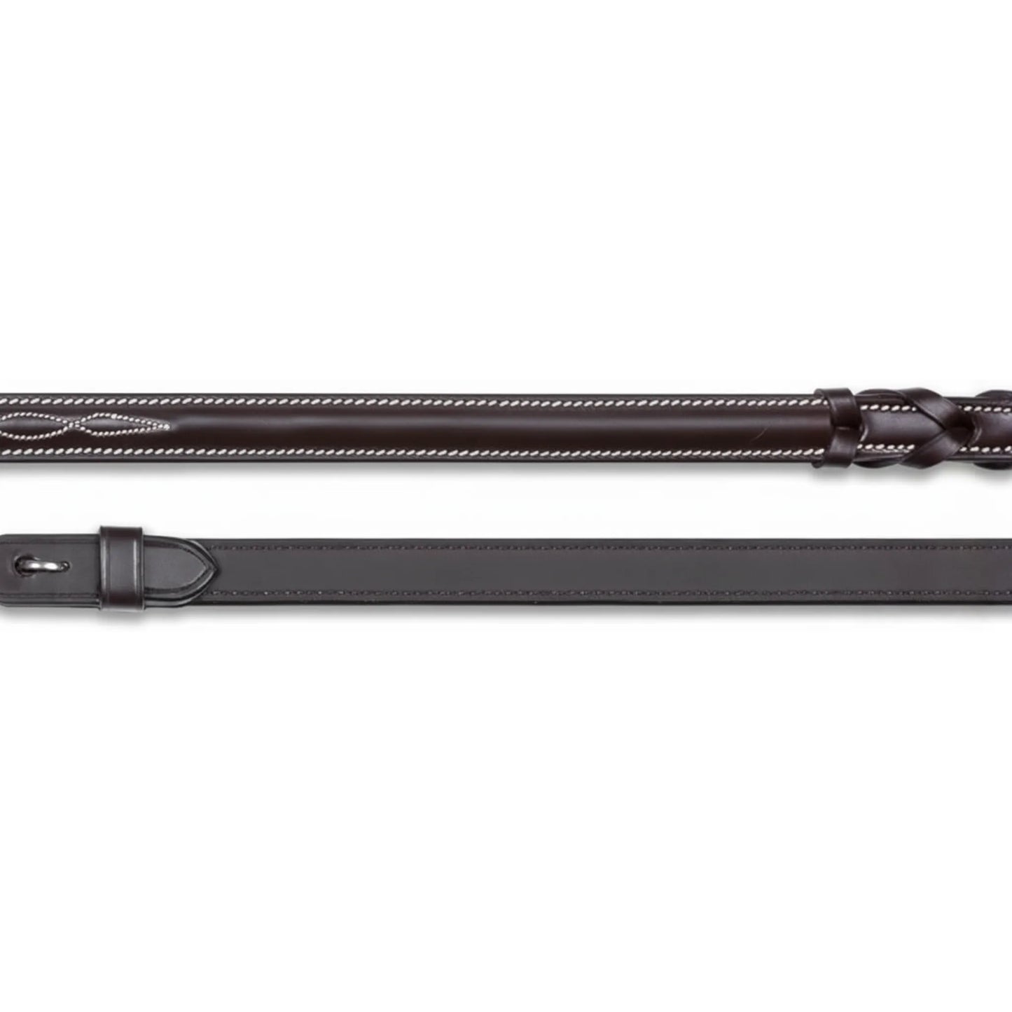 Shires LUSSO Laced Leather Reins in Havana brown featuring premium supple leather with elegant white fancy stitching. These high-quality equestrian reins showcase hand-laced sections for a secure grip and stainless steel hook stud billets. Ideal for horse shows or daily riding, they provide a classic, polished aesthetic for any English bridle. High-end tack for dressage, show jumping, or eventing.