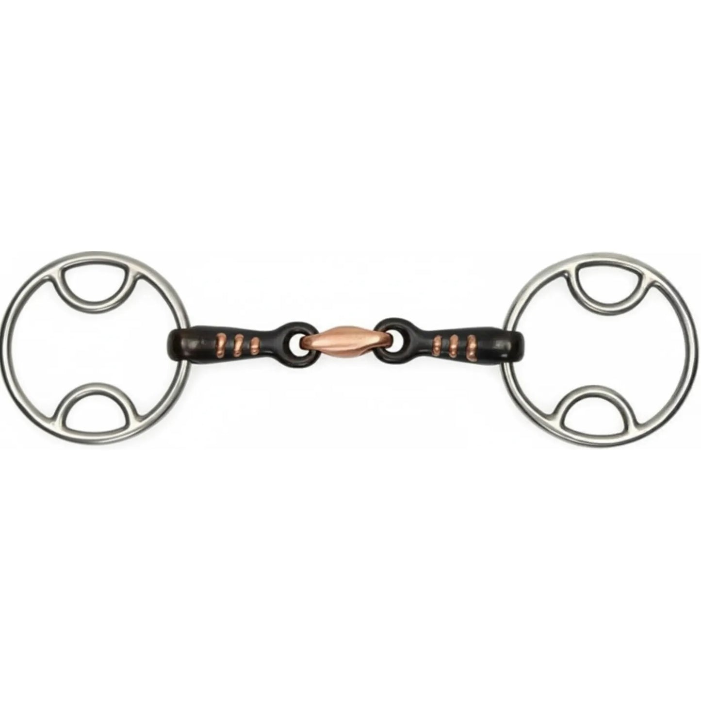 Shires Sweet Iron Bevel Bit featuring a double-jointed mouthpiece with a copper lozenge and raised ribs. This high-quality equestrian bit combines black sweet iron to encourage salivation with stainless steel bevel rings for mild leverage and control. Ideal for horse training and show jumping, the raised copper ribs offer extra sensitivity. A versatile and stylish piece of horse tack designed for clear communication and comfort.