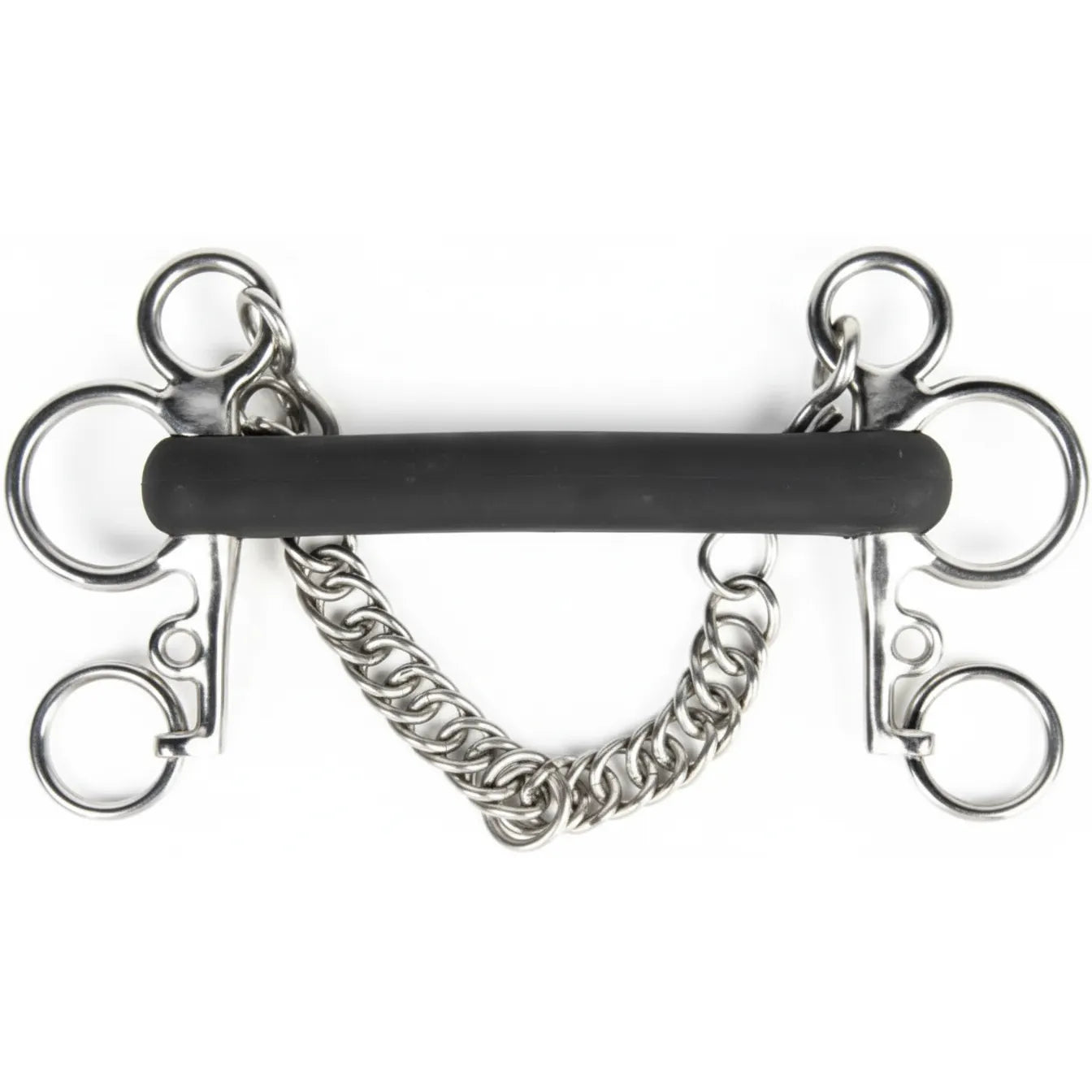 Shires Tom Thumb Rubber Mouth Pelham Horse Bit featuring a thick black soft rubber mouthpiece and polished stainless steel cheekpieces. This equestrian tack includes a classic curb chain and multiple rein attachment rings, providing a milder feel and shorter shanks for effective communication and horse comfort.