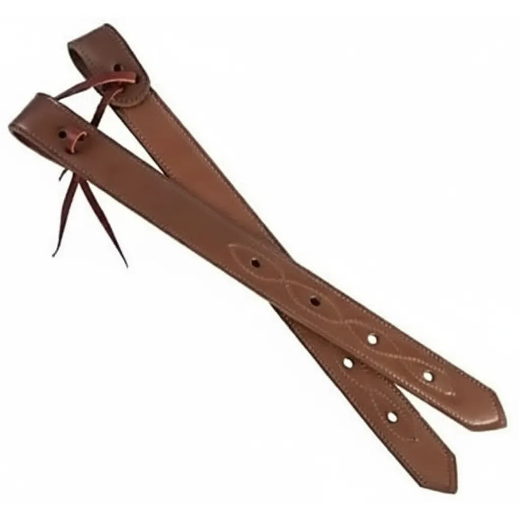 Pair of Weaver Leather 1-3/4" Doubled and Stitched Skirting Leather Back Cinch Billets in a warm honey color. These high-quality western saddle straps feature decorative wavy stitching around multiple adjustment holes and include latigo leather ties for secure fastening. Perfect for adding durable, professional-grade horse tack to your western riding gear.