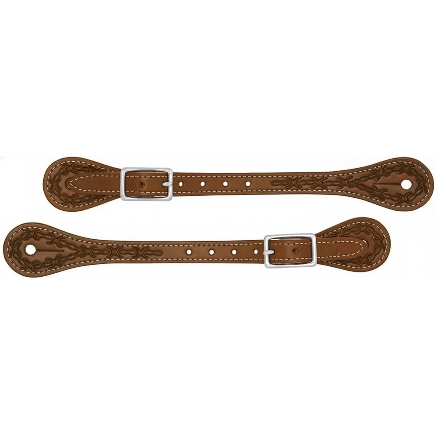Weaver Leather Barbed Wire Thin Spur Straps in brown skirting leather with hand-stamped barbed wire tooling and white contrast stitching. These Western spur straps feature durable stainless steel hardware and a sleek, slender profile. Perfect for equestrian riders seeking high-quality, artisanal horse tack for daily riding or ranch work. Stylish brown leather spur straps for classic Western appeal.