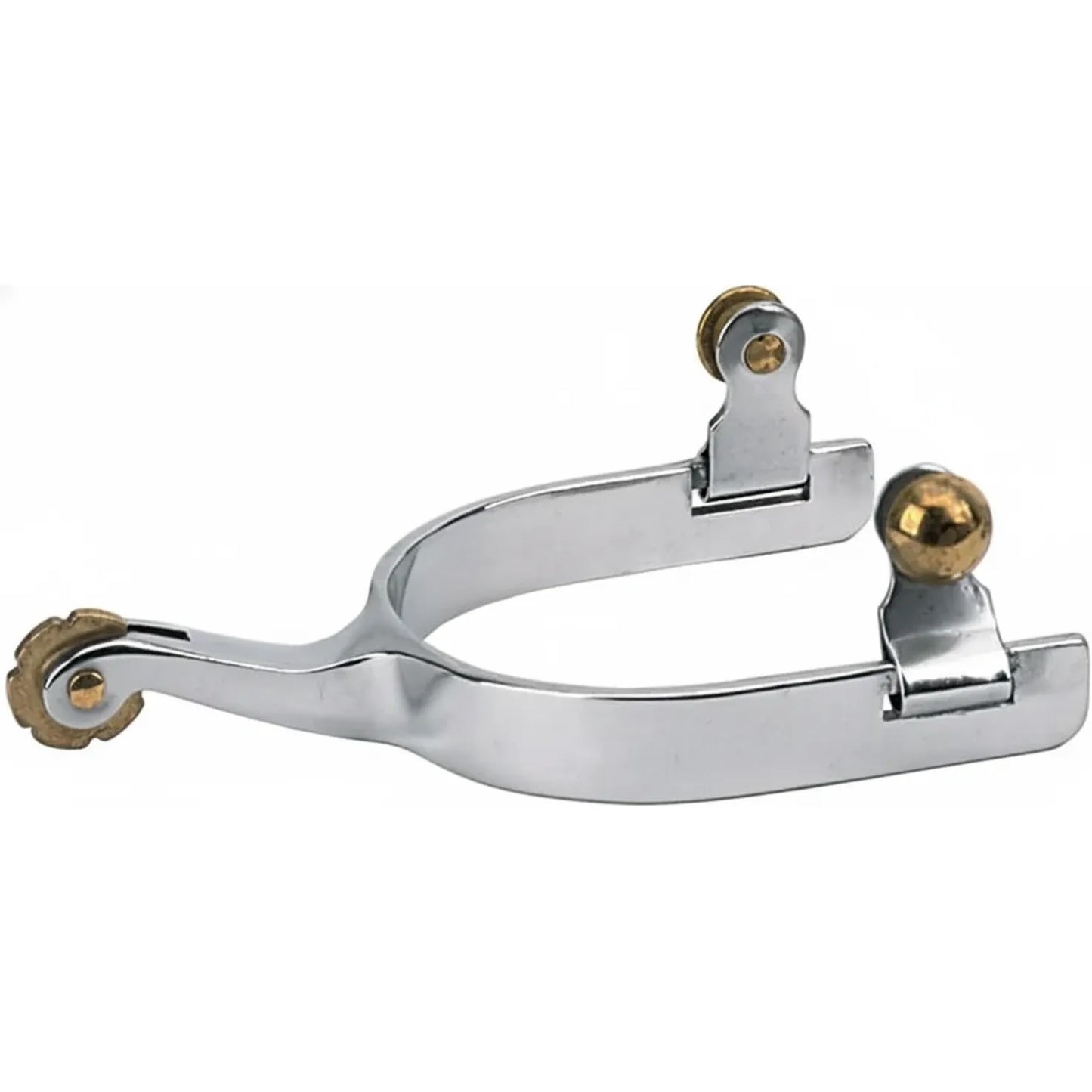 Weaver Leather Children's Stainless Steel Spurs featuring a polished 5/8" plain band and 1.75" shank. This durable youth equestrian gear showcases a decorative brass-toned rosebud rowel and matching swinging buttons for secure strap attachment. High-quality western riding spurs designed for young riders, providing a classic look and reliable performance for horse shows, training, or trail riding.