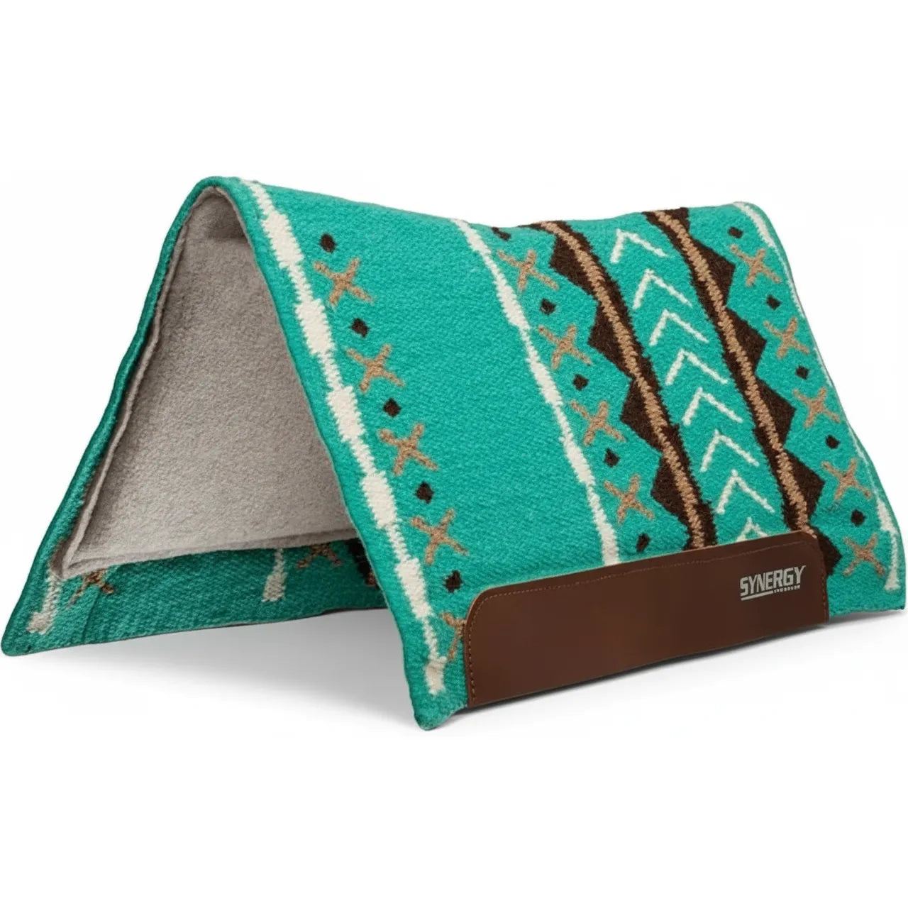 Synergy by Weaver Leather turquoise Western saddle pad featuring a handwoven New Zealand wool top in a vibrant Southwestern pattern of brown, tan, and white. This contoured horse pad includes shock-absorbing EVA sport foam inserts and a moisture-wicking grey felt lining for ultimate comfort and protection. Finished with durable brown leather wear leathers, it’s a stylish and functional choice for trail riding, ranch work, or western performance.