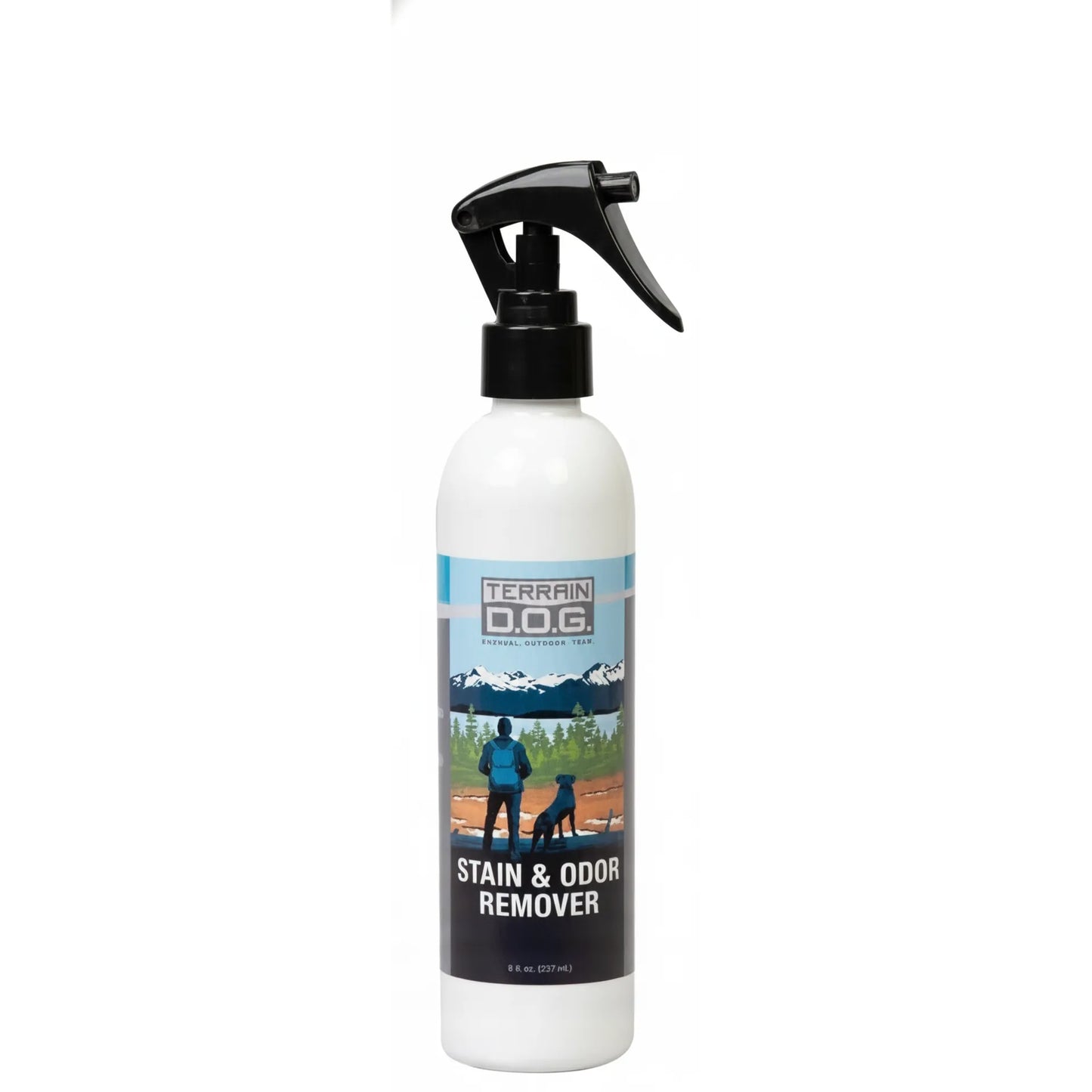 Terrain D.O.G. Enzymatic Pet Stain and Odor Remover 8oz spray bottle. This Weaver Leather cleaning solution features a white bottle with a black trigger and a label showing a hiker and dog in a mountain landscape. The enzymatic formula effectively targets and removes tough pet stains and smells from fabrics and gear. Perfect for active pet parents who need a reliable, travel-sized odor neutralizer for home, car, or trail.