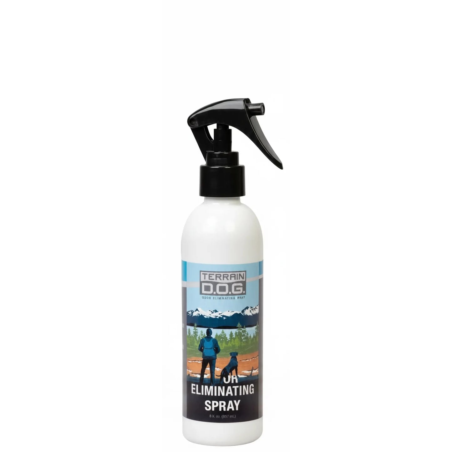 Terrain D.O.G. Odor Eliminating Spray, an 8 oz white bottle with a black trigger nozzle and a scenic label featuring a hiker and dog in the mountains. This natural pet odor neutralizer by Weaver Leather Coolaid effectively removes stubborn smells from pets, bedding, and gear. Ideal for active pet owners who love hiking and camping, this travel-sized spray is a must-have dog odor remover for keeping your gear and home smelling fresh.