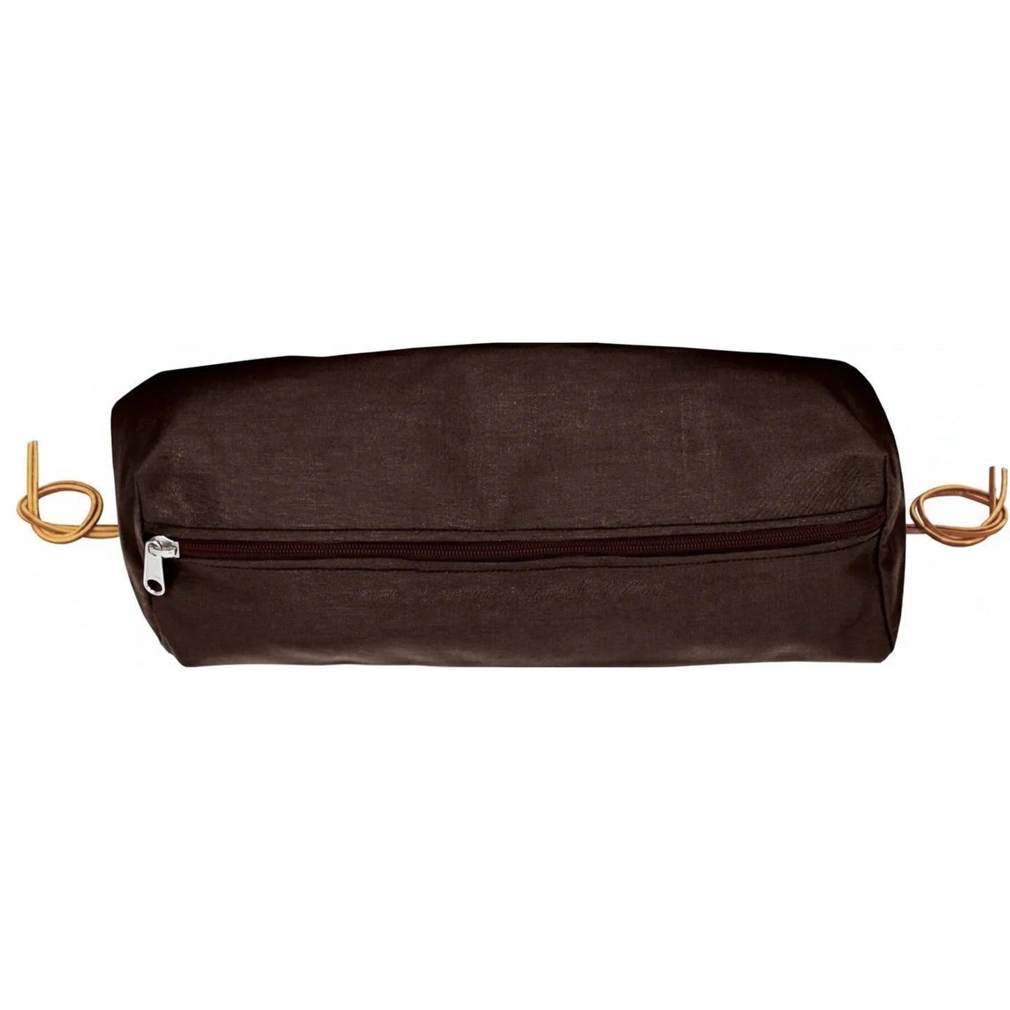 Small Weaver Leather Horse Saddle Cantle Bag in durable dark brown nylon for trail riding. This compact equestrian gear bag features a long horizontal zipper and tan leather ties on both ends for easy attachment to a saddle. Perfect for carrying small essentials like snacks or tools during horseback rides. Reliable, weather-resistant storage solution for western saddles.