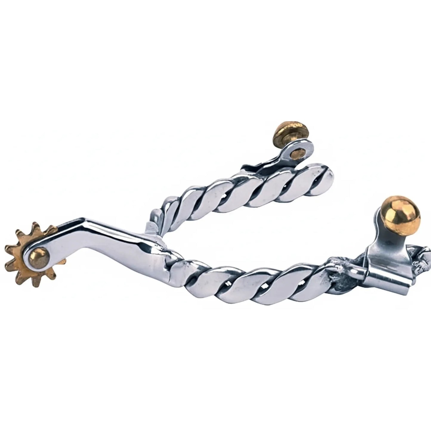 Weaver Leather Men's Roping Spurs featuring a stylish stainless steel twisted band and 1.75-inch shank. These professional western spurs include a 10-point brass rowel and brass buttons for an elegant, durable finish. Perfect for rodeo and roping, the unique twisted wire design adds a high-end look to your equestrian gear. High-quality silver stainless steel construction ensures long-lasting performance for daily horse riding and western competitions.