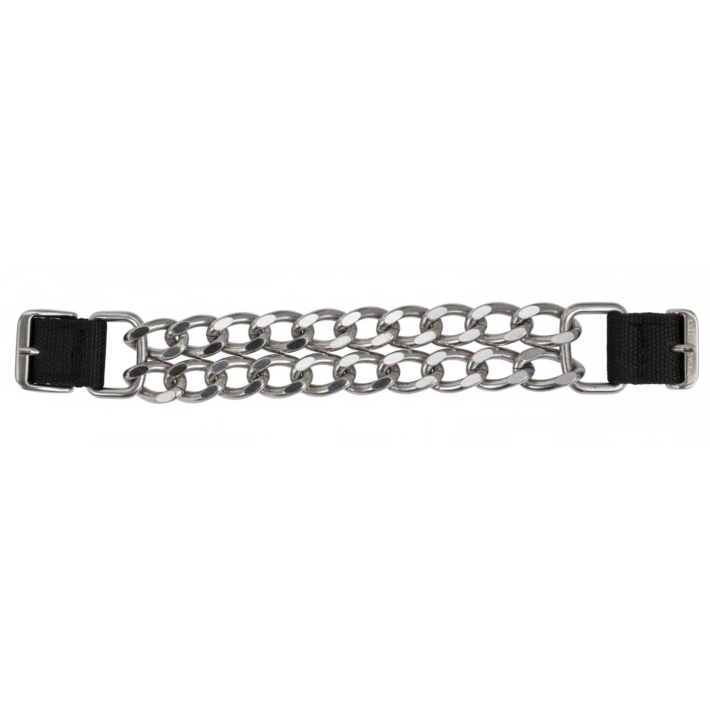 Weaver Leather horse curb strap featuring a double row of flat link chrome chain measuring 4.5 inches. The 5/8 inch black nylon straps include sturdy silver-toned buckles for easy adjustment. This durable equestrian accessory provides precise control and a professional look for western riding bits. Ideal for riders seeking high-quality horse tack with a classic chrome and black aesthetic.