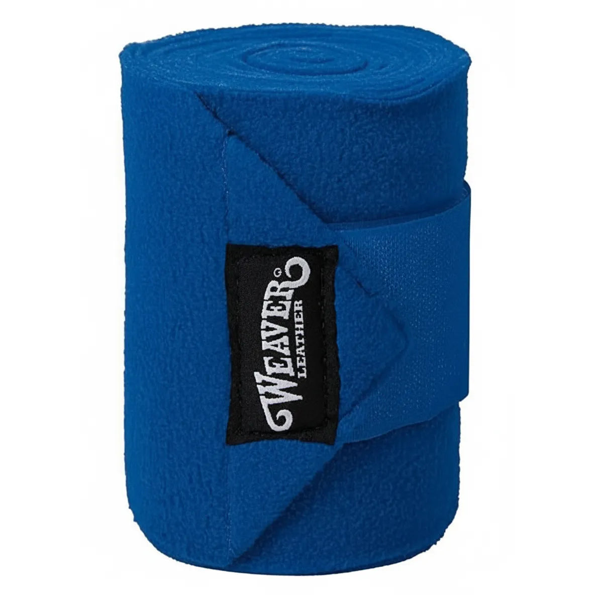 Royal blue Weaver Leather Polo Leg Wraps for horses, crafted from high-quality 4-1/2" x 9' brushed pile fleece. This single roll highlights the soft texture and black Weaver Leather logo patch. These durable equestrian leg bandages provide essential support and protection during riding, making them a must-have for horse care and exercise in a vibrant royal blue color.