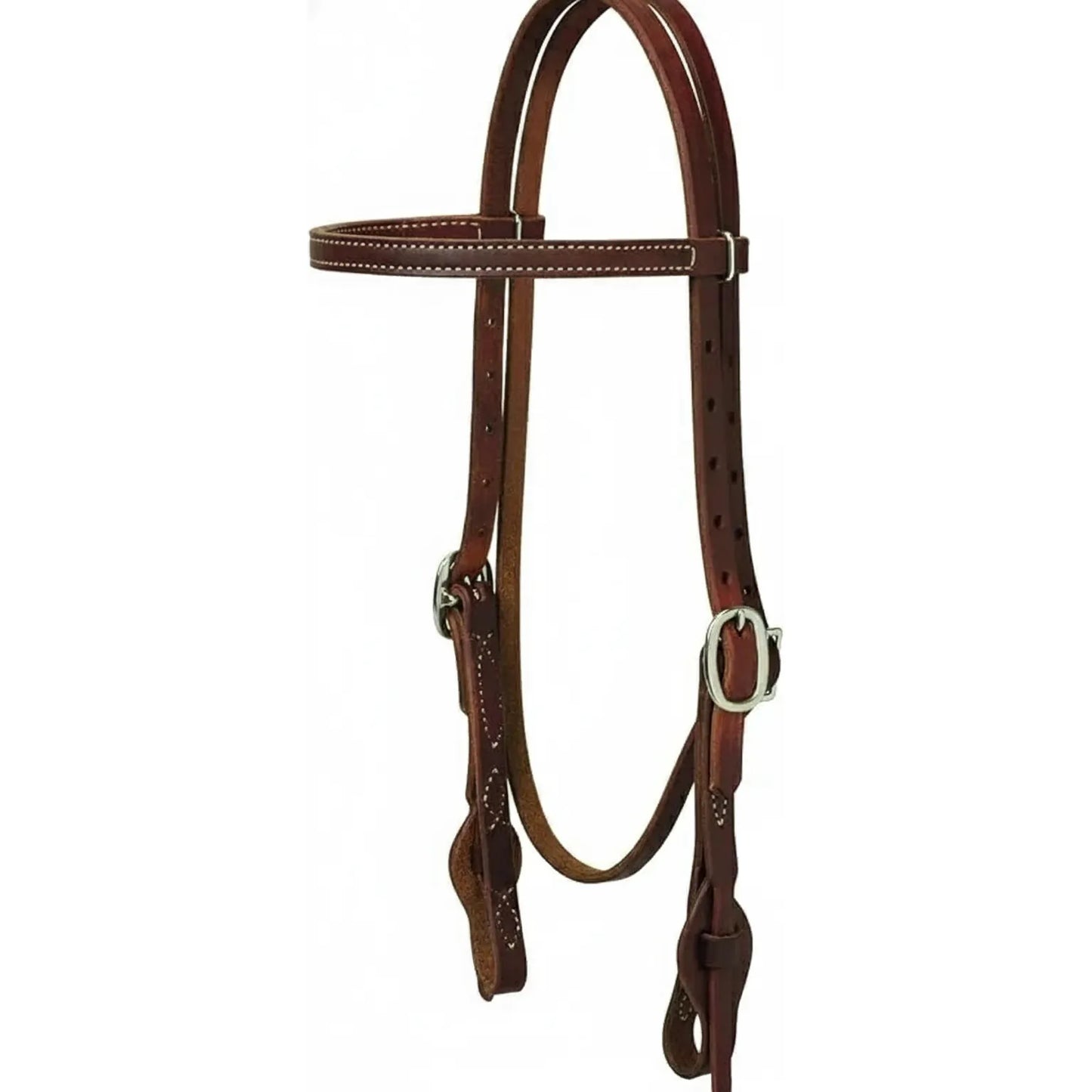Weaver Leather Single-Ply Working Headstall in rich russet leather, featuring a classic browband with white contrast stitching. This durable western horse headstall includes stainless steel buckles and convenient quick-change bit tabs for easy bit swaps. Perfect for daily training, trail riding, or ranch work, this single-ply leather tack offers a professional look and reliable performance for every equestrian.