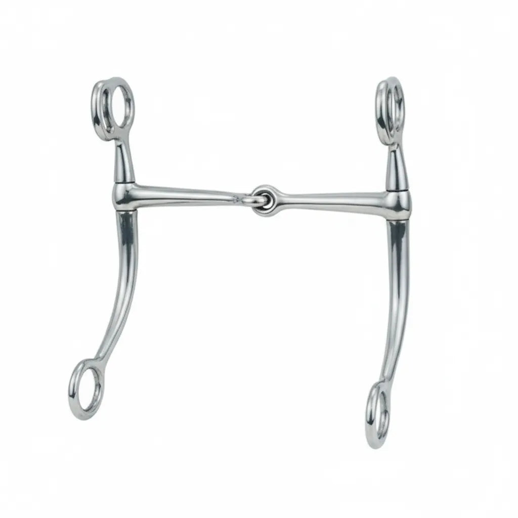 Weaver Leather Stainless Steel Tom Thumb Snaffle Bit featuring a jointed 6-1/2" mouthpiece and 8" curved shanks. This polished silver western horse bit is a classic piece of equestrian tack, ideal for transitioning horses between a snaffle and a curb bit. High-quality, durable stainless steel construction makes it a reliable choice for training and trail riding.