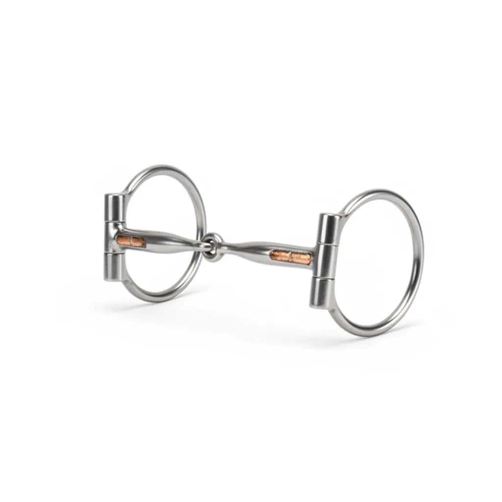 Weaver Leather Sweet Iron Snaffle Bit with 3" offset D-rings and a 5" jointed mouth. This durable stainless steel horse bit features decorative copper inlays to promote salivation and a responsive mouth. Ideal for training and performance, the D-ring design prevents pinching and provides lateral guidance. Premium equestrian tack with a polished silver finish and rustic copper accents, perfect for western or English riding disciplines.