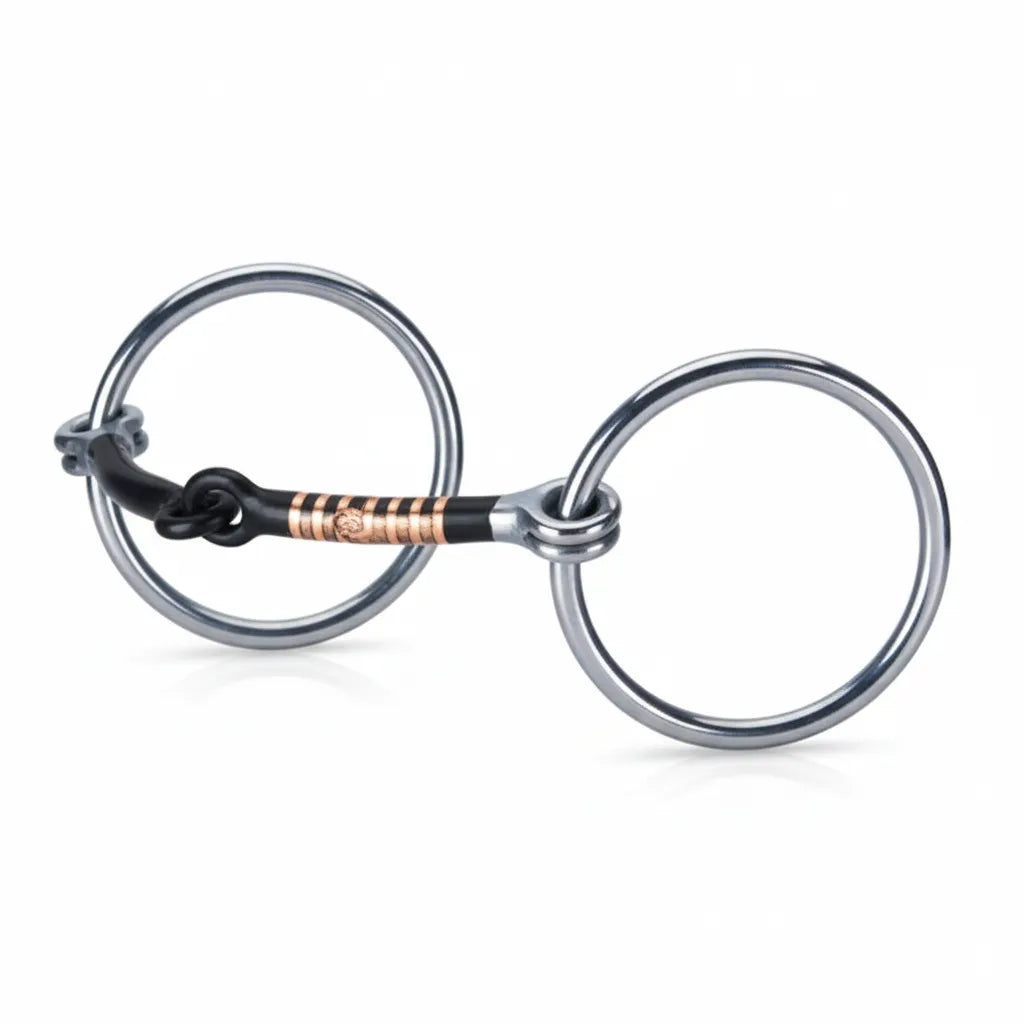 Weaver Leather loose ring snaffle bit with a 5" curved sweet iron mouthpiece and copper inlays. Features large 3" stainless steel rings. The combination of sweet iron and copper promotes salivation and bit acceptance for a softer mouth. High-quality equestrian hardware designed for better communication and horse comfort. A stylish and functional addition to your horse tack, ideal for various English and Western riding disciplines.