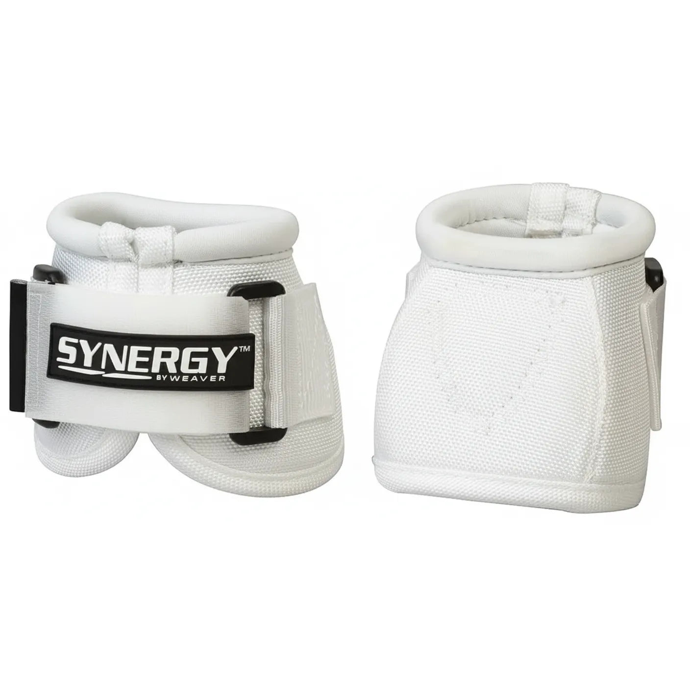 Pair of large white Weaver Leather Synergy Bell Boots made with durable 2520D ballistic nylon. Features include the secure Xtended Life hook-and-loop closure with a bold SYNERGY BY WEAVER logo and a comfortable padded collar. These high-performance horse boots provide essential hoof protection for equine sports like jumping or reining. A stylish and heavy-duty choice for equestrians seeking long-lasting gear for their horses.