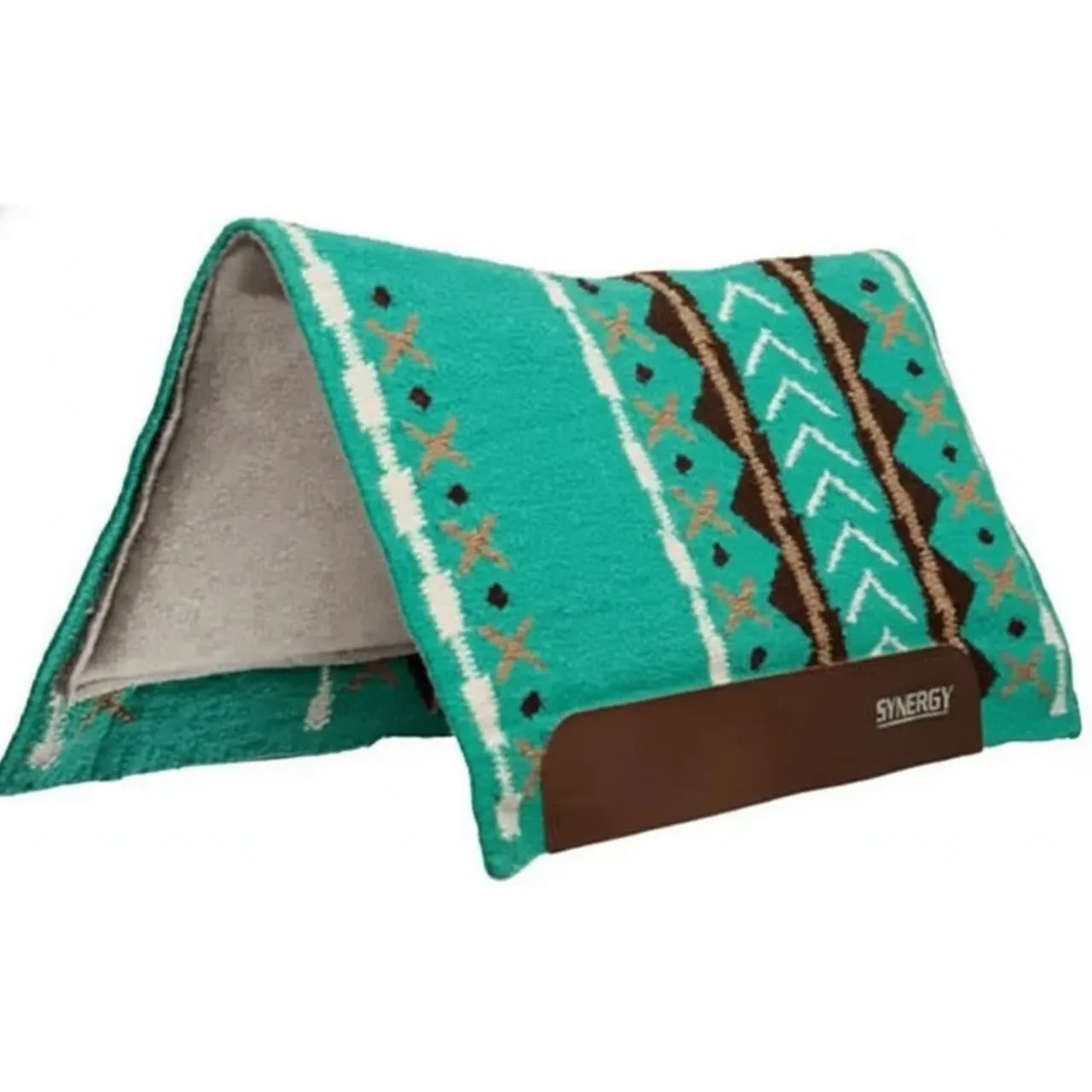 Weaver Leather Synergy Flex Contour Performance Saddle Pad featuring a vibrant teal Southwestern pattern with brown and white geometric designs. This contoured western horse pad for equine athletes includes a hand-woven wool top, grey felt lining, and durable brown leather wear leathers embossed with the Synergy logo. Ideal for barrel racing, rodeo, or trail riding, it combines shock-absorbing protection with professional equestrian style.