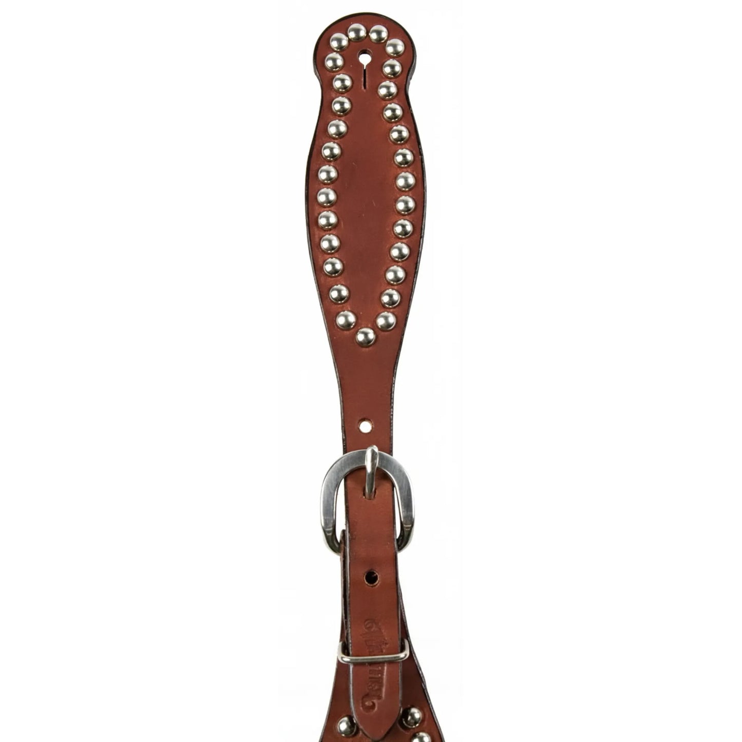 Weaver Leather Women's Chestnut Bridle Leather Spur Straps featuring elegant silver nickel spots and durable stainless steel buckles. These stylish ladies/youth size Western spur straps are crafted from premium rich brown bridle leather with a decorative studded design. Perfect for horse riding enthusiasts looking for high-quality equestrian gear that combines classic Western style with long-lasting performance and a secure fit.
