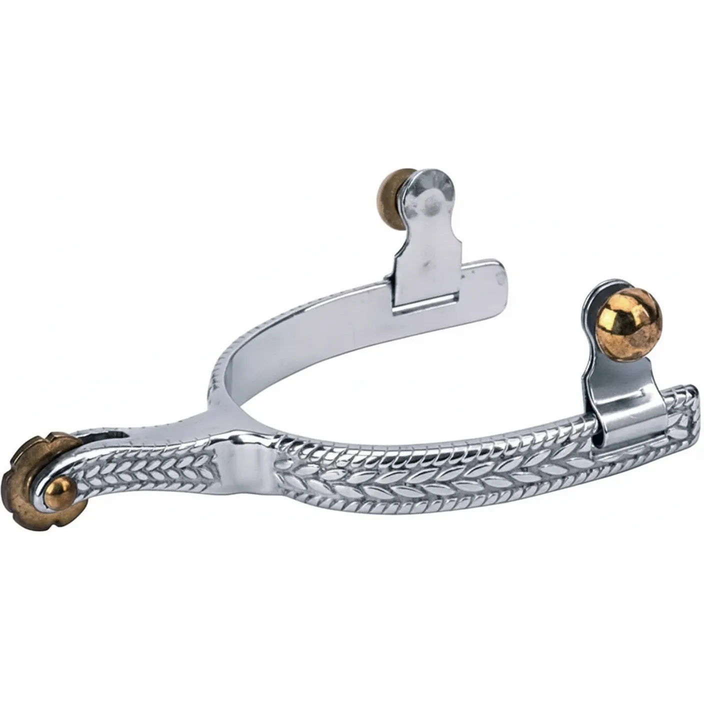 Weaver Leather Women's Roping Spurs crafted from polished stainless steel. These elegant western spurs feature an intricate 1/2" engraved wheat-patterned band and a 2" shank with a classic brass rosebud rowel. Designed for precision and style, they include matching brass buttons for secure strap attachment. High-quality equestrian gear perfect for roping, training, or western competition.