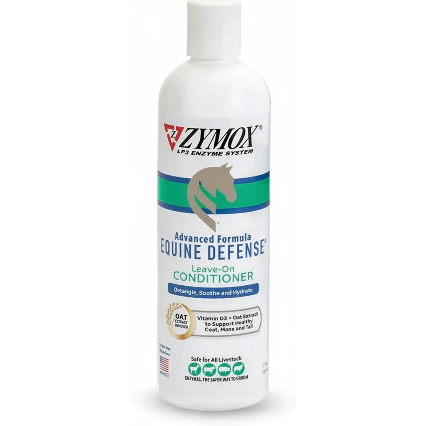 Zymox Equine Defense Advanced Formula Leave-On Conditioner for dry, itchy skin in a 12oz white bottle. Features the LP3 Enzyme System, oat extract, and Vitamin D3 to detangle, soothe, and hydrate the coat, mane, and tail. This professional horse grooming product is safe for all livestock, helping to restore skin health and promote a shiny finish. Ideal for horse owners seeking effective skin relief and quality grooming supplies. Made in the USA.