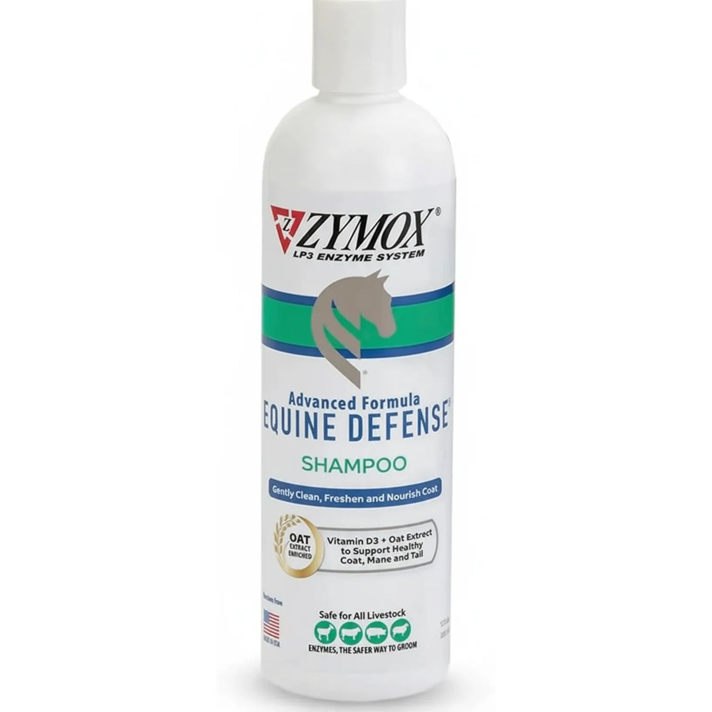Zymox Equine Defense Advanced Formula Shampoo in a 12oz white bottle, featuring the LP3 Enzyme System and oat extract to soothe dry, itchy skin. The label includes a gray horse head logo, green and blue stripes, and highlights Vitamin D3 for a healthy coat, mane, and tail. This enzyme-based livestock shampoo is shown as safe for horses, cows, pigs, and sheep, providing a gentle way to clean, freshen, and nourish animal coats.