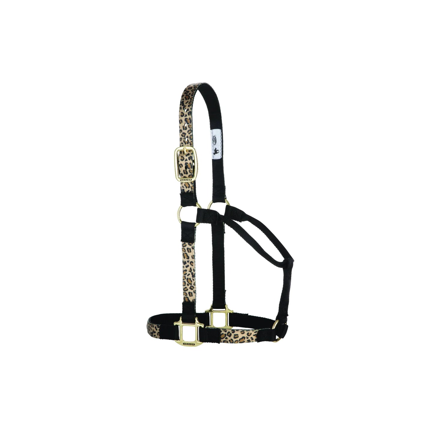 Weaver Equine Nylon Horse Halter featuring a stylish leopard print and solid black design. Crafted with durable double-ply nylon webbing and adjustable brass hardware for a secure, comfortable fit. This fashionable equine accessory combines personality with performance, making it a must-have for your horse tack collection. Ideal for daily stable use, training, or travel.