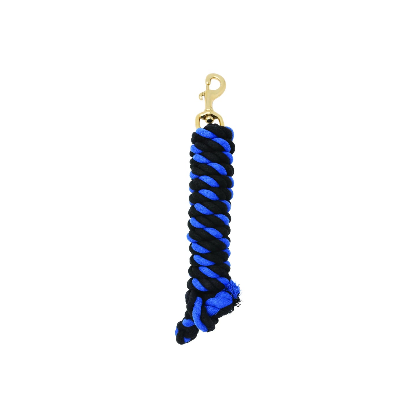 Weaver Equine Performance Lead Rope in a vibrant royal blue and black spiral design. This soft-grip horse lead features a durable braided construction and a high-quality gold-tone brass snap for secure attachment. An essential piece of equestrian tack for training, grooming, and daily horse care, combining style with reliable performance.