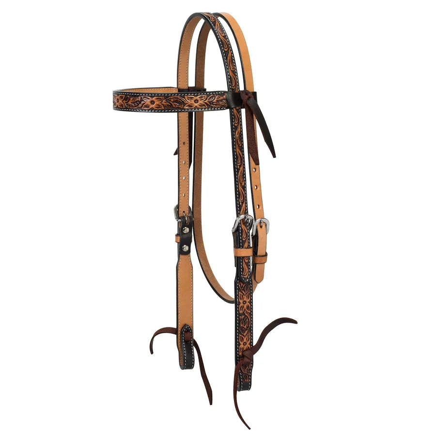 Weaver Leather 1" Floral Carved Leather Browband Headstall - Tooled Chestnut Finish