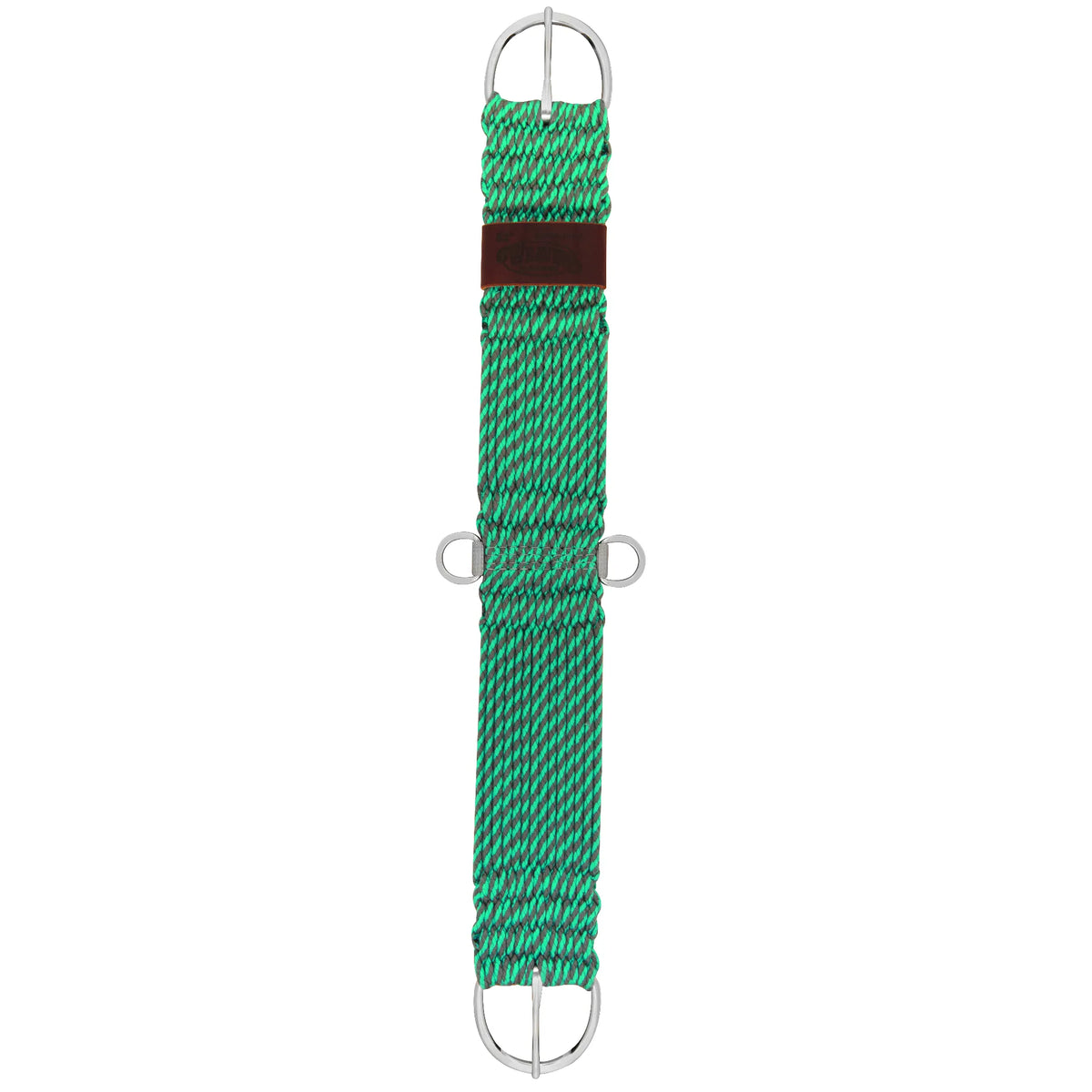 Weaver Leather Bamboo Ecoluxe Western Cinch featuring an eco-friendly green and charcoal grey braided cord design. This breathable horse cinch includes durable stainless steel buckles at both ends and two center D-rings for accessory attachments. A brown leather keeper adds a professional touch to this moisture-wicking and sustainable horse tack, perfect for providing comfort and stability during every ride.