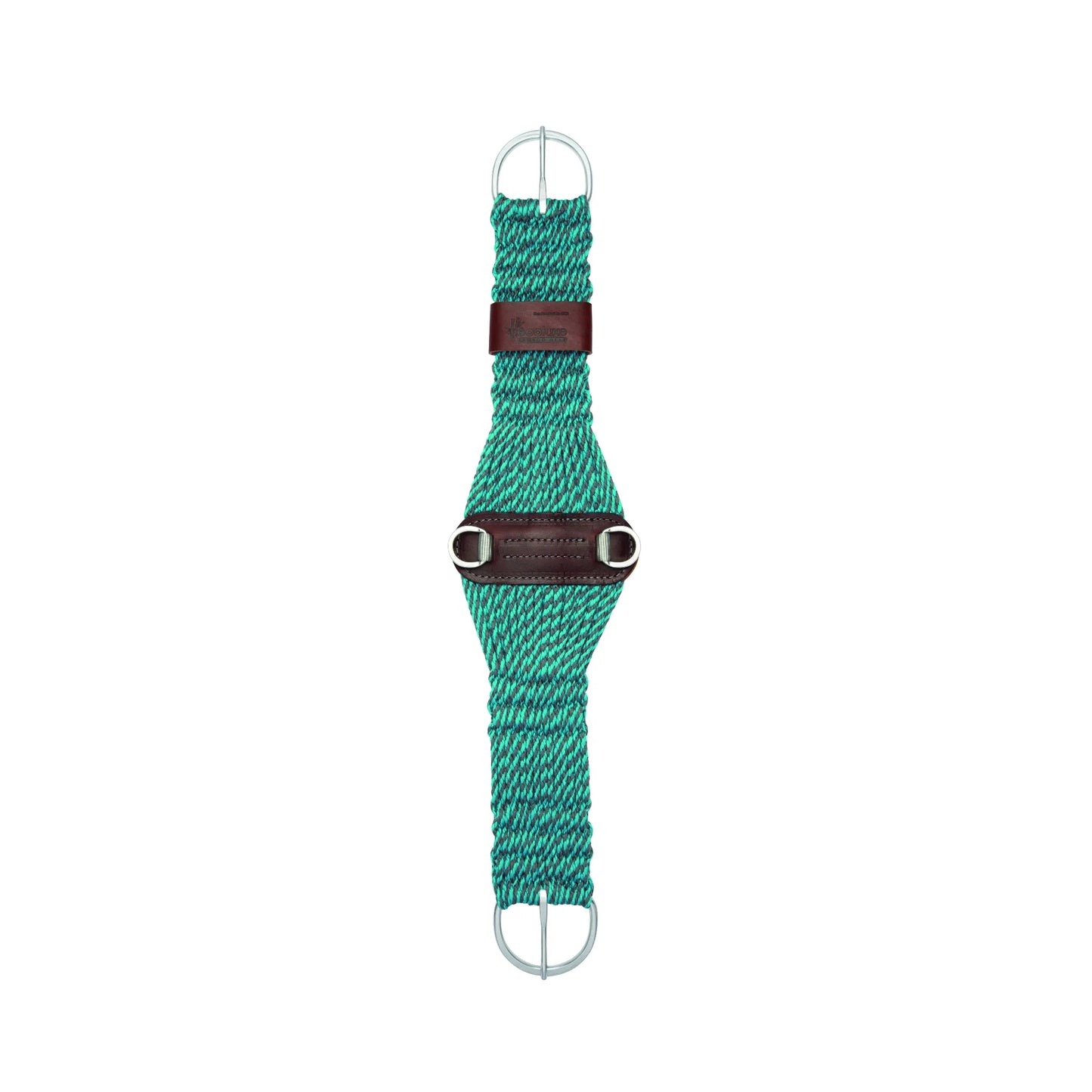 Weaver Leather Bamboo Ecoluxe Roper Cinch featuring a vibrant teal and charcoal woven bamboo cord. This eco-friendly western cinch has a classic wide roper design, dark mahogany leather accents, and durable stainless steel buckles and D-rings. Perfect for riders seeking sustainable, high-performance horse gear that provides comfort and breathability for their horse.