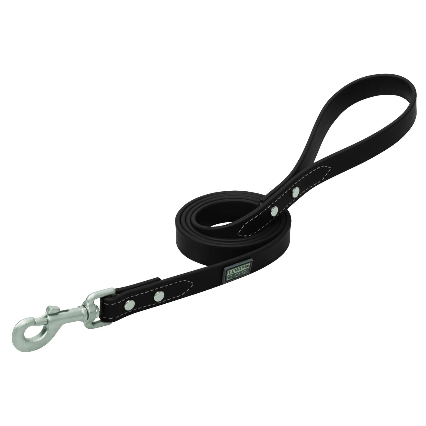 Black Weaver Leather Brahma Webb dog leash featuring a durable, weather-resistant strap with a classic leather look. This heavy-duty leash includes reinforced white stitching, silver rivets, and a secure silver-tone bolt snap. The Terrain D.O.G. branded design offers a comfortable handle loop, making it a stylish and reliable choice for daily walks and outdoor adventures with your pup.