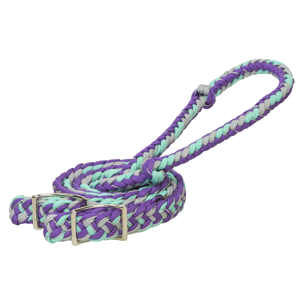 Weaver Leather Braided Nylon Barrel Reins in a vibrant purple, mint green, and grey pattern with shimmering silver accents. These durable horse reins feature a thick, round braided design for a secure grip and adjustable silver-tone Conway buckles for easy bit attachment. Perfect equestrian tack for barrel racing or trail riding, this stylish horse gear combines performance with eye-catching colors to enhance your ride.