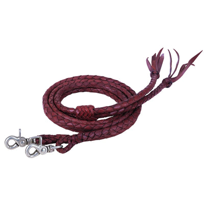 Professional Weaver Leather Braided Split Reins in deep burgundy. These hand-braided leather reins offer a superior grip and premium feel for equestrian training and western riding. Includes heavy-duty silver swivel scissor snaps for easy attachment and stylish tasseled ends. High-quality horse tack designed for durable performance, comfort, and control.